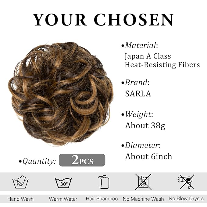 SARLA 2PCS Messy Hair Bun Hair Pieces Wavy Curly Synthetic Updo Fake Scrunchies Ponytail Extension for Women Dark Brown/Beach Blonde Highlight