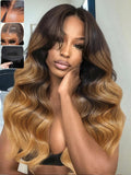 KLAIYI Ombre Highlight Blonde Loose Wave Pre Everything Glueless 13x4 Lace Front Wigs Human Hair Drawstring Balayage Brown Pre Cut Pre Plucked Bleached Ready to Wear and Go Wig with Dark Roots 24Inch