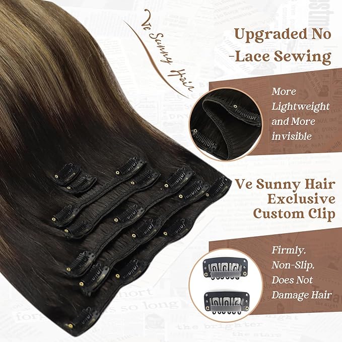 Ve Sunny Clip in Hair Extensions Real Human Hair Black Ombre Human Hair Clip in Extensions Black Balayage Brown with Blonde Clip in Human Hair Extensions 22inch 120g