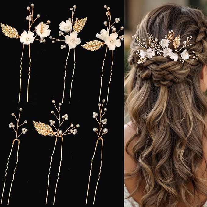 Handmade 6 Piece Flower Wedding Hair Accessories Elegant Bridal Hair Pins with Adorable Flowers Sparkling Rhinestone Gold Leaves and Pearl Accents for Women Brides and Bridesmaids (Gold)