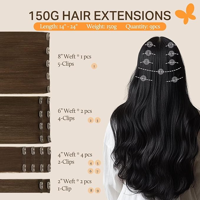 DOORES Human Hair Clip Extensions, Chocolate Brown 150g 9pcs 16 Inch, Remy Human Hair Extensions Natural Straight