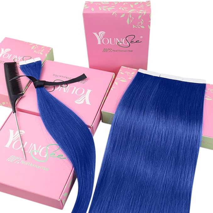 YoungSee Tape in Hair Extensions Real Human Hair Blue Invisible Tape in Human Hair Extensions Blue 18 Inch Seamless Tapes Hair-Extensions Colored 10pcs 25g DIY Hair Extension