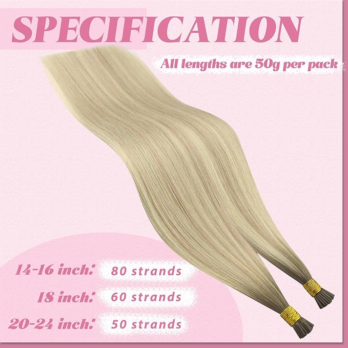 YoungSee I Tip Hair Extensions Ombre I Tips Hair Extensions Real Human Hair Ombre Ash Blonde to Platinum Blonde Itips Human Hair Extension 16In 80s 50g Balayage Tip Hair Extension for All Styles