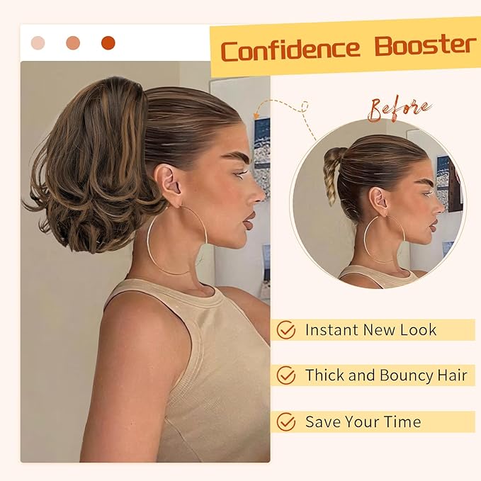 KooKaStyle Ponytail Extension, 10" Short Claw Clip in Pony Tails Hair Extensions Curly Wavy Synthetic Drawstring Hairpieces for Women Fake Ponytail(Dark Brown with Golden Auburn)