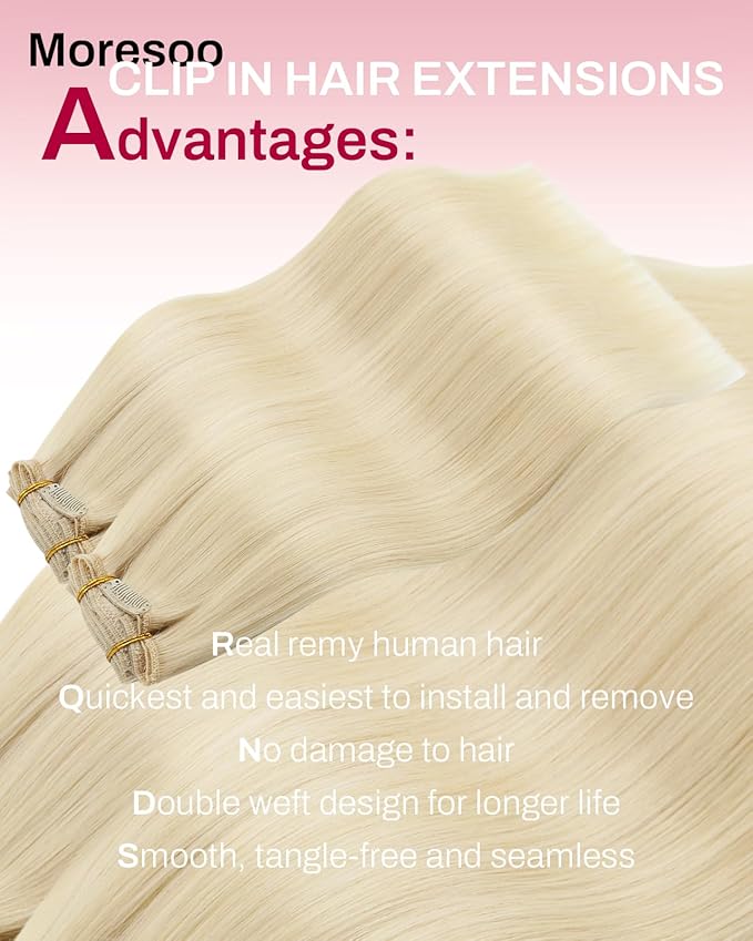Moresoo Blonde Clip in Hair Extensions Remy Human Hair Golden Platinum Blonde Human Hair Clip in Extensions #60 7Pcs/120G 20inch