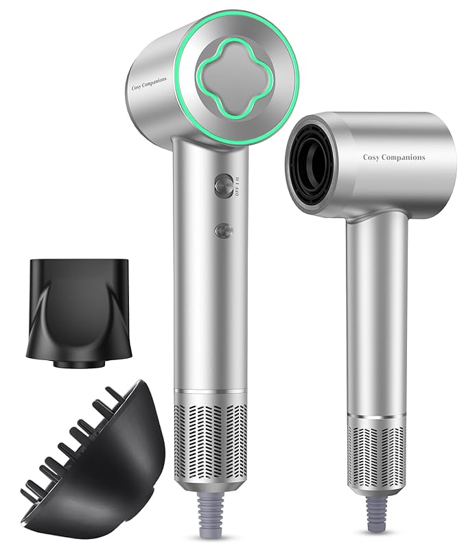 Cosy Companions Hair Dryer - 150000 RPM High-Speed Brushless Motor Negative Ionic Blow Dryer for Fast Drying, Low Noise Thermo-Control Hair Dryer with Diffuser and Nozzle, Silvery