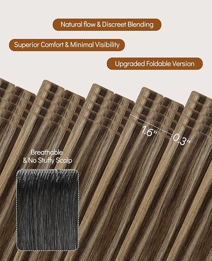 VINBAO 60g Invisi Edge Tape in Extensions Human Hair 22in 20pcs Chocolate Brown Highlighted Caramel Blonde Seamless Injection Tape in Hair Extensions 22inch #4P27