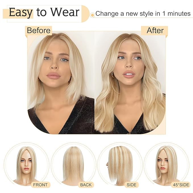 SEGO Human Hair Toppers for Women With Thinning Hair, 7 * 13CM Silk Base 100% Real Human Hair Clip in Top Wiglet Hairpieces -12 Inch No Bangs Golden Brown&Bleach Blonde