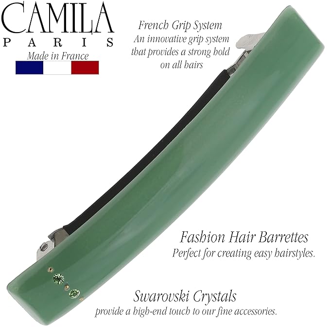 Camila Paris CP3448 French Hair Barrette Clip for Girls Green, Rubberized Metal Clasp Strong Hold Grip Hair Clips for Women, No Slip Durable and Styling Girls Hair Accessories, Made in France