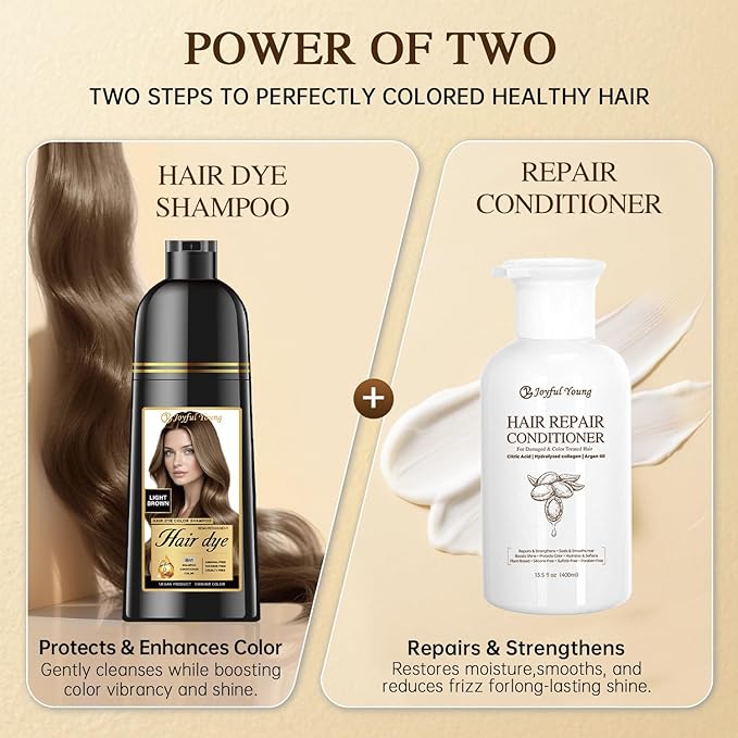 Natural Color Hair Dye Shampoo 3 IN 1, Instant Hair Coloring, Gray Coverage for Men & Women, Beard Dye Vegan Ammonia Free & Paraben-Free, Champú Para Canas Mujer & Hombre (LIGHT BROWN)