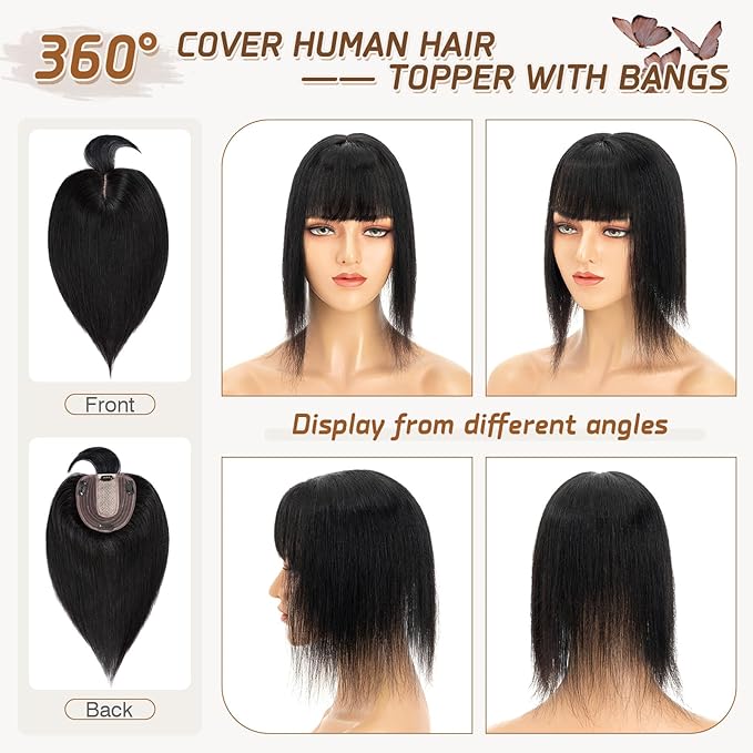 Rich Choices Real Human Hair Topper With Bang - 100% Remy Hair for Women With Thinning Hair - Clip in Silk Base 12 Inch #1 Jet Black