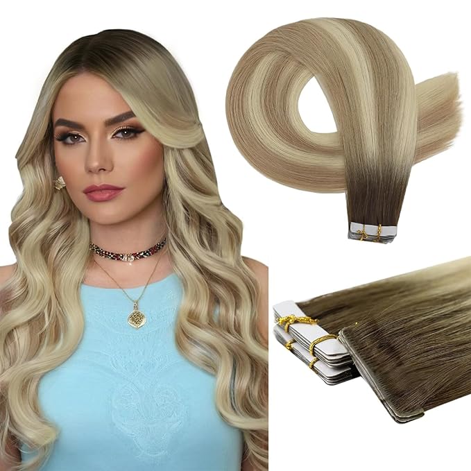 Full Shine Intact Virgin Tape in Hair Extensions Human Hair 22Inch Color 2 Brown Fading to 18 Ash Blonde and 22 Invisible Natural Tape in Extensions 25Gram Tape Ins Human Hair Extensions 10Pcs