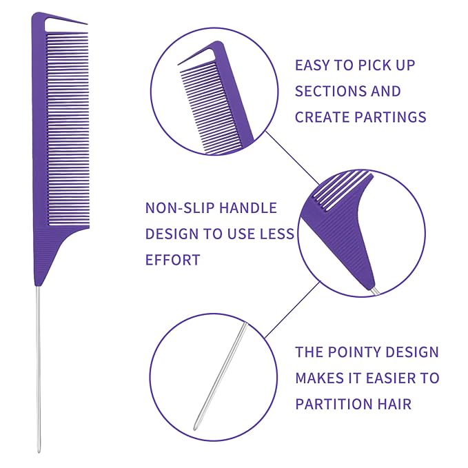 Hair Brush Set for 3a,4c,Wig/Thick/Wavy/Curly/Slick Back Hair Brushes,Rat Tail Combs,8-Row,Edge Brush,For Detangling,Braiding,Teasing,Parting,Styling,Kids,Girls,women(Purple)