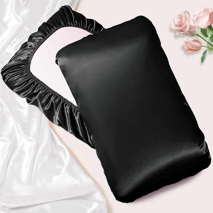 Manyshofu Satin Pillowcases for Hair Protection - 1Pcs Black Pillow Cases, Elastic Band Standard & Queen Satin Pillowcases Luxury Silky Pillow Cases Travel Pillow Covers