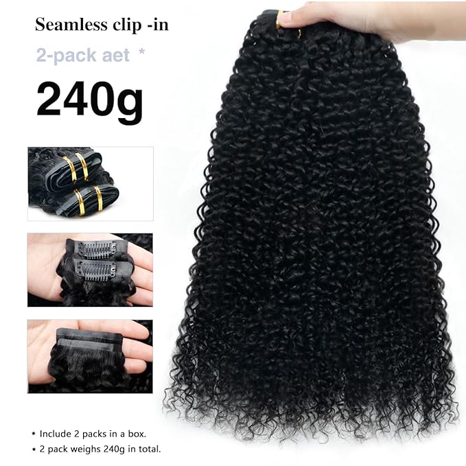 Curly Clip in Hair Extensions Real Human Hair 2 Pack 240g Seamless Clip in Hair Extensions for Women Full Max with 16Pcs PU Skin Weft 16inch Natural Black