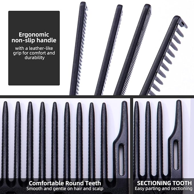 PERFEHAIR 2-Pack Professional Round Tooth Hair Cutting Comb - 7.4 Inch, Black Carbon Fiber Anti-Static & Heat Resistant, Durable Barber Combs with Fine & Wide Tooth for Precise Haircut for Men & Women