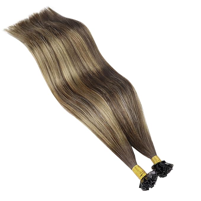 YoungSee K Tip Hair Extensions Real Human Hair Balayage Brown with Blonde 16In K Tip Keratin Hair Extensions Balayage Pre Bonded Hair Extensions Comfortable and Soft Hair Extensions Ktip 50S/50G