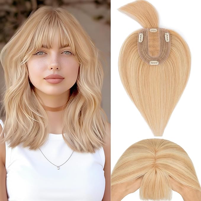 Rich Choices Real Human Hair Toppers for Women With Bang 100% Remy Human Hair Topper for Thinning Hair Clip in Silk Base Hair Topper 16 Inch #18P613 Ash Blonde Mix Bleach Blonde