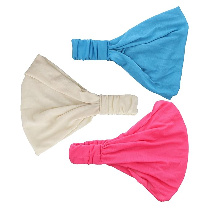 Motique Accessories Set of 3 Wide Cotton Head Band Solid Boho Yoga Style Soft Hairbands Blue Tan Hot Pink