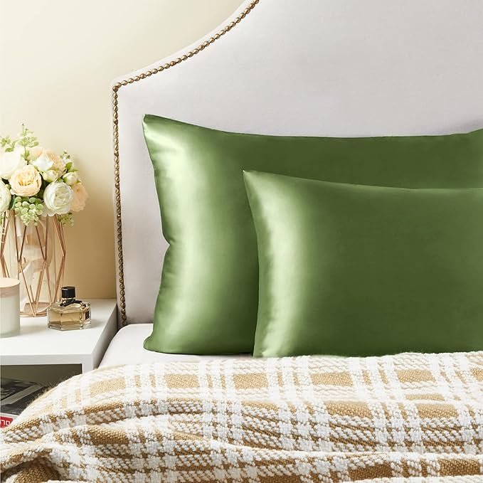 BEDELITE Satin Pillowcase with Zipper 2 Pack, Cedar Green Pillow Cases Standard Size, Super Soft and Cooling Similar to Silk Pillow Cases, Gift for Women Men(20x26 Inches)