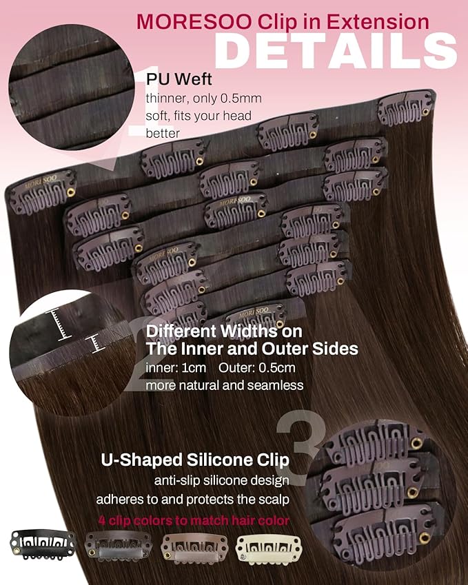 Moresoo Medium Brown Seamless Pu Clip in Hair Extensions Human Hair Brown Straight for Remy Human Hair Clip in Extensions Pure Weft Invisible for Women Daily 120grams 7pcs 18in