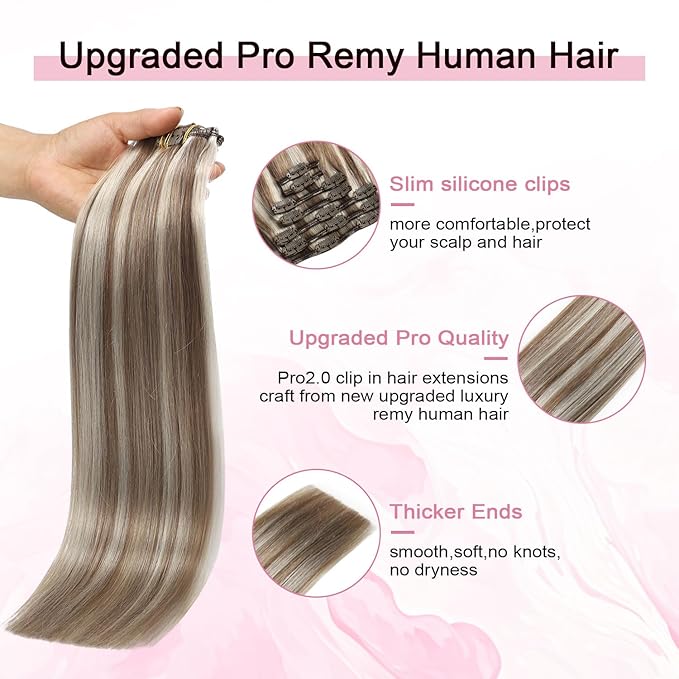 Pro2.0 Remy Clip in Extensions Real Human Hair Color #8p60 Brown Highlights Platinum Blonde Remy Clip in Hair Extensions Real Human Hair 18inch 120g Thick 7pcs Double Weft（#8p60-18inch）