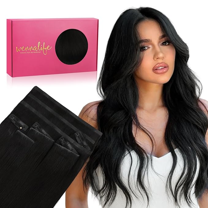 WENNALIFE Invisi Edge & Classic Seamless Clip in Hair Extensions Real Human Hair, 16 Inch 130 7pcs Jet Black Hair Extensions for Women Invisible Straight Injection Extensiones de Cabello Humano