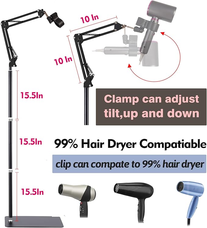 Hair Dryer Stand Holder 360 Rotate Hair Dryer Holder Stand Floor，Adjustable Hands Free Blow Dryer Floor Stand , Blow Dryer Stand Hands Free Clip Suitable for 99% Hair (Black)