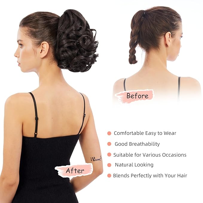 Ponytail Extension, Clip on Ponytails for Women, 9" Claw Clip in Short Curly Wavy Pony Hair Extension for Women - Darkest Brown