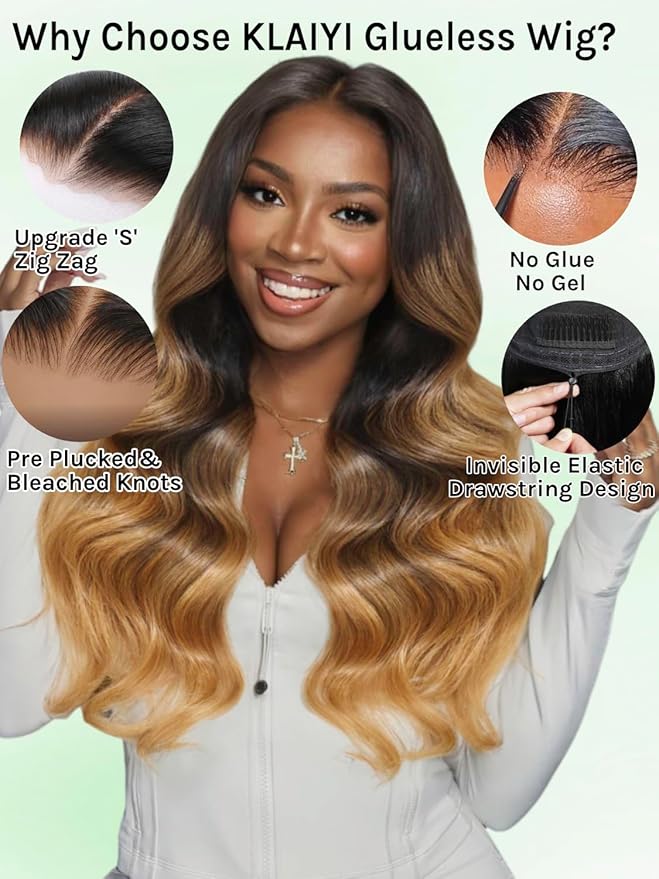 KLAIYI Ombre Highlight Blonde Loose Wave Pre Everything Glueless 13x4 Lace Front Wigs Human Hair Drawstring Balayage Brown Pre Cut Pre Plucked Bleached Ready to Wear and Go Wig with Dark Roots 16Inch