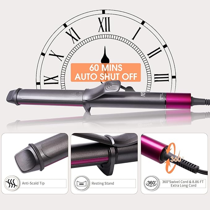Curling Iron, 1 1/4 Inch Hair Curling Wand with Ceramic Coating, Professional Hair Curler, Fast Heating up to 430°F, Wide Voltage for Worldwide, 60 Mins Auto Off, Magenta