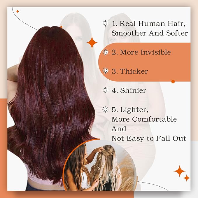 Full Shine Tape in Hair Extensions Real Human Hair Color 99J Tape in Extensions Seamless Invisible Skin Weft 24Inch Long Straight Extension Soft Silky for Daily Office Look 100G 40Pcs