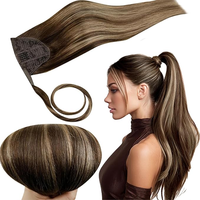 RUNATURE Real Hair Ponytail Extension, Long Human Hair Ponytail for Women, Straight Remy Natural Ponytail Extension, Add Length, 20 Inch 80g #4/27/4 Balayage Brown to Strawberry Blonde