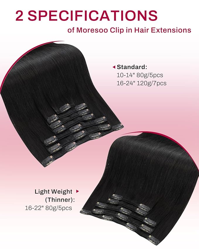 Moresoo Natural Black Clip in Hair Extensions Straight Natural Black Human Hair Clip in Extensions Remy Human Hair Long for Women Double Weft 80g/5pcs 16 inch