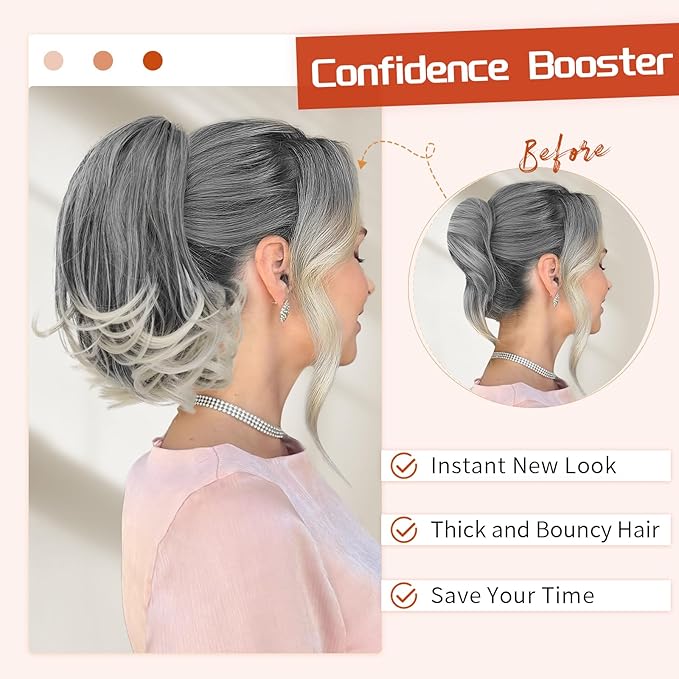 KooKaStyle Ponytail Extension, 10" Short Claw Clip in Pony Tails Hair Extensions Curly Wavy Synthetic Drawstring Hairpieces for Women(Gray and White Tips)