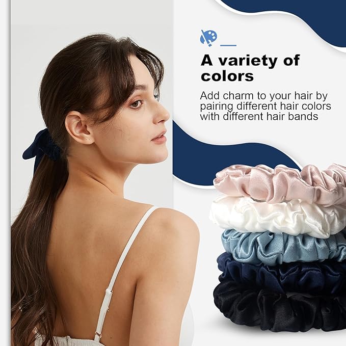 1 Piece Silk Bow Scrunchies for Hair-100% Pure Mulberry 22 Momme Silk Hair Tie, Elastic Ponytail Holder, Elegant Soft Bow Hair Ties Band for Women Hair Care, Multiple Colours (NAVY BLUE)