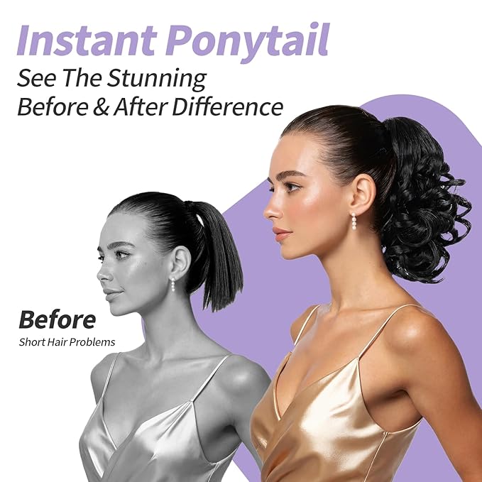 Ponytail Extension,9" Short Curly Wavy Claw Clip in Ponytails Hair Extensions Natural Soft Synthetic Hairpiece for Women - Chestnut Brown
