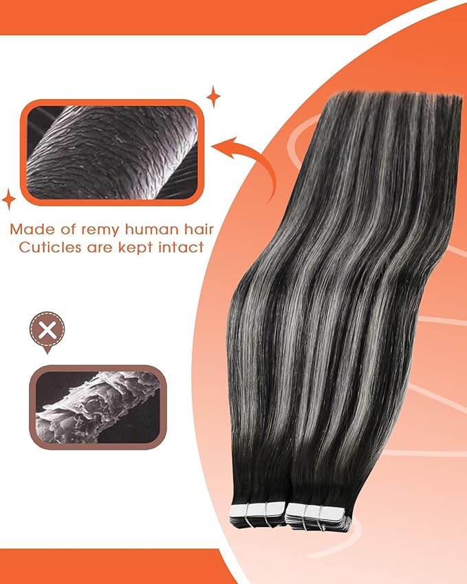 Sunny Hair Tape in Hair Extensions Real Human Hair Invisible Remy Hair Extensions Tape ins for Women Ombre Natural Black Root to Sliver Grey 14 inch 25G