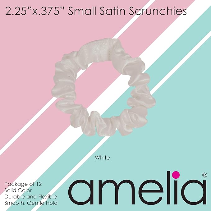 Amelia Beauty, White Satin Small Scrunchies, 12-Pack – No Damage Hair Ties for Women, Gentle & Durable Hair Accessories, 2.5in x 0.5in