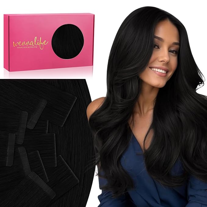 WENNALIFE Invisi Edge & Classic Tape in Hair Extensions Human Hair, 16 Inch 100g 40pcs(20pcs Invisi Edge & 20pcs Classic) Jet Black Invisible Luxury Remy Hair Natural Seamless Injected Tape Ins