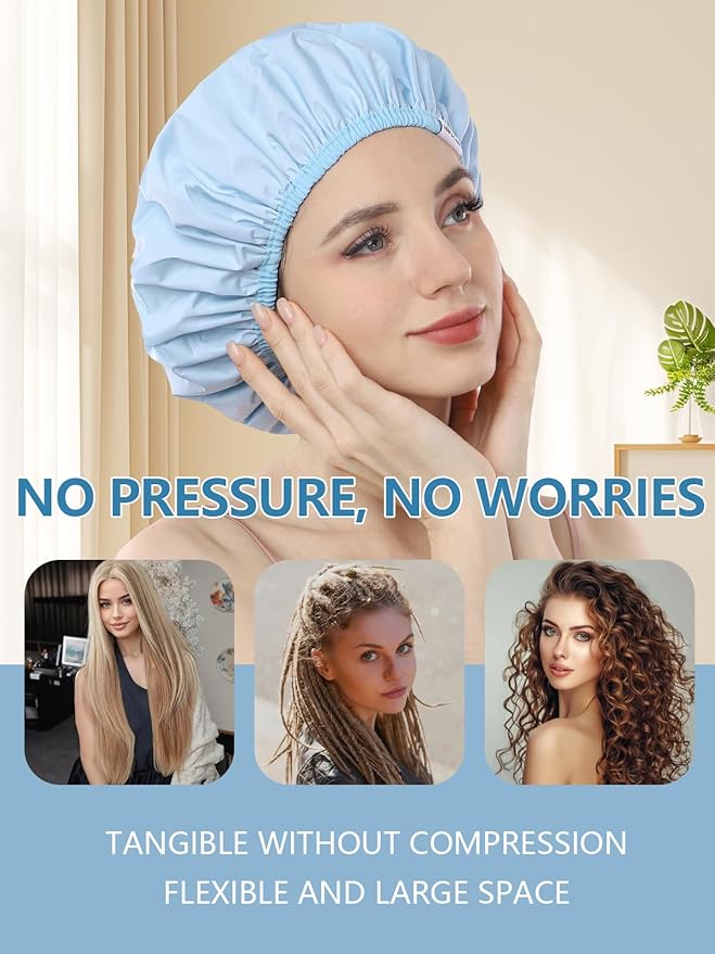Years calm Shower Caps For Women Reusable Waterproof，Pattern And Solid Color Dual-Layer Design For Dual-Layer Usable，Protects Hair In Shower, Spa, Cooking, Clean & Travel (Blue, One Size)