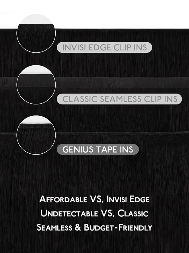 WENNALIFE Genius Seamless Clip in Hair Extensions Real Human 16 inch 120g 7 Pcs Jet Black Hair Extensions Clip Ins Luxury Remy De Cabello Humano Straight Invisible Fuller Reusable