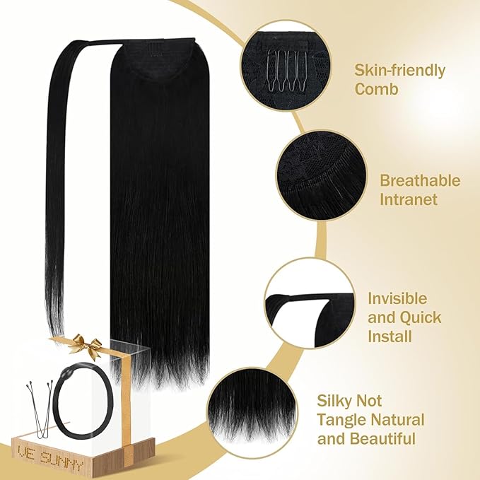 Ve Sunny Hair Extensions Ponytail Real Human Hair Wrap Around Clip in Ponytail Hair Extensions Straight Extensions Human Hair for Women Jet Black 16inch 80G