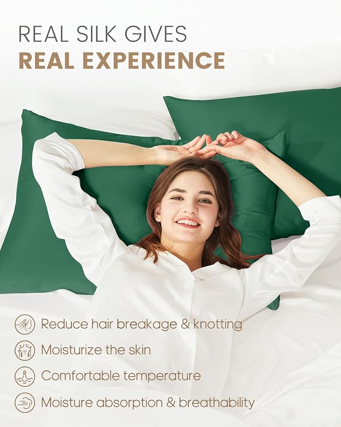THXSILK Set of 2 100% Mulberry Silk Pillowcase for Hair and Skin, Real Mulberry Silk Both Sides, Smooth Breathable Natural Silk Sleep Pillow Cases with Hidden Zipper (Standard 20"x26", Emerald Green)