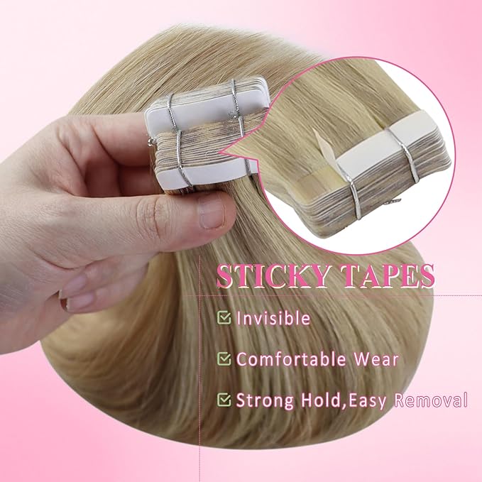 YoungSee Human Hair Tape in Extensions Blonde Highlight Real Hair Tape in Extensions for Women Tape-in Remy Hair Extension Blonde 16In 20pcs 50g Easy to Apply