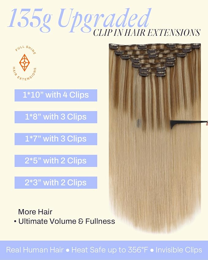 Full Shine Blonde Balayage Hair Extensions Real Human Hair Clip ins 16 Inch Golden Blonde Highlight Dirty Blonde Clip in Real Hair Extensions 7 Pcs 135 G