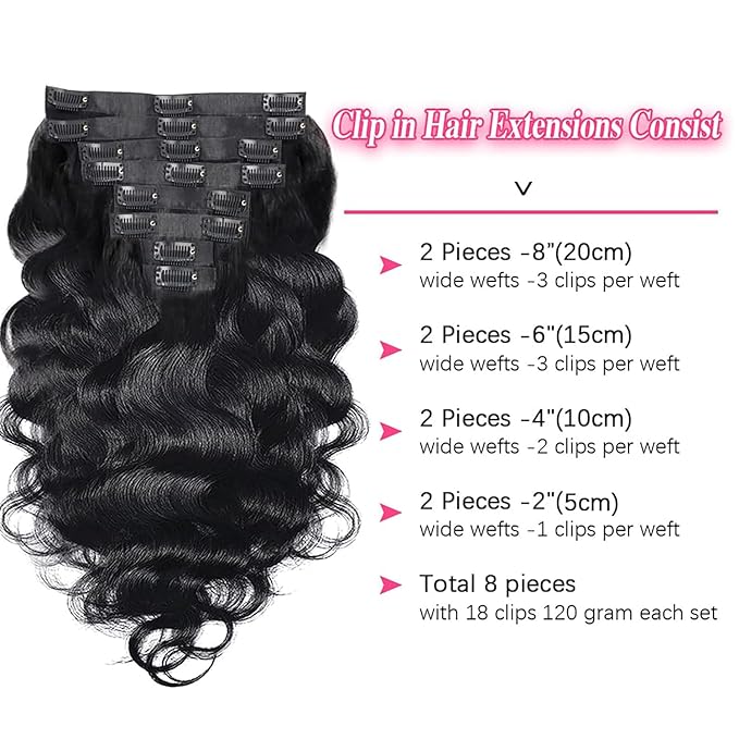 Seamless Body Wave Seamless Clip In Hair Extensions Real Human Hair PU Weft Body Clip Ins 100% Unprocessed Human Hair Extensions 8pcs with 18Clips Per Set 120g(14inch)