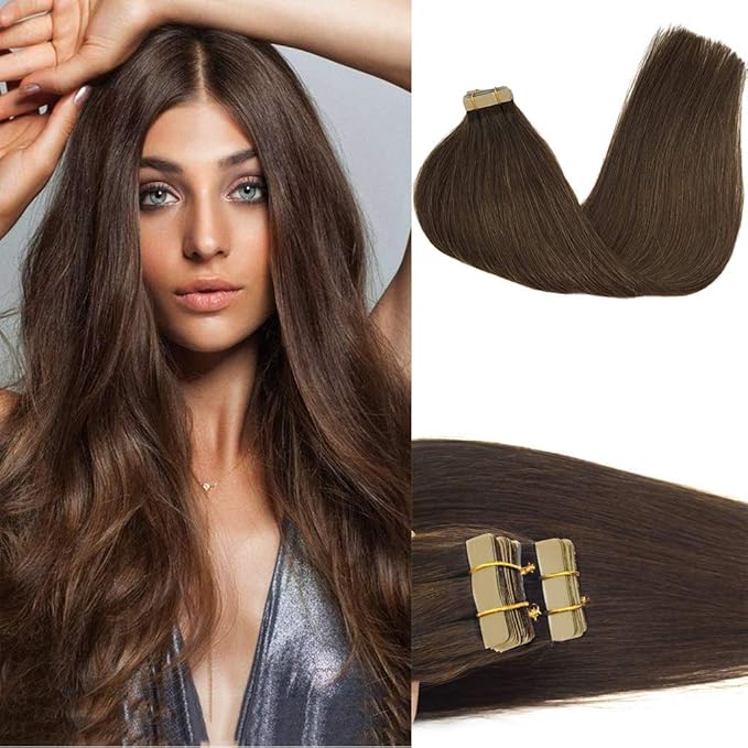 GOO GOO Tape in Hair Extensions Human Hair, 4A Chocolate Brown, 24inch 50g 20pcs, Skin Weft Seamless Invisible, Silky Straight with Thick Ends, Remy Human Hair