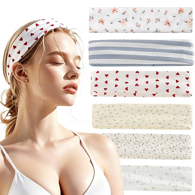 Cute Headbands for Women, plus for Nurses – Fashion Non Slip Elastic Floral Hairbands, Soft Fabric Thick Stripe Head Bands for Girls, Valentine's Day Heart Headbands (D-6)