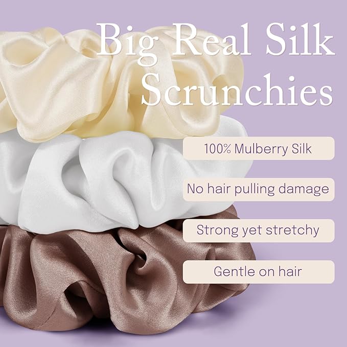 OLESILK Silk Scrunchies Oversized 100% Mulberry: Large for Long Thick Hair, Soft and Smooth for No Damage Hair Care Sleeping, Vintage Fashion